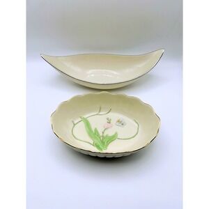Lenox Ivory China Bowl Set 2 Floral Butterfly Gold Trim & Leaf Silver Trim 8.5"
